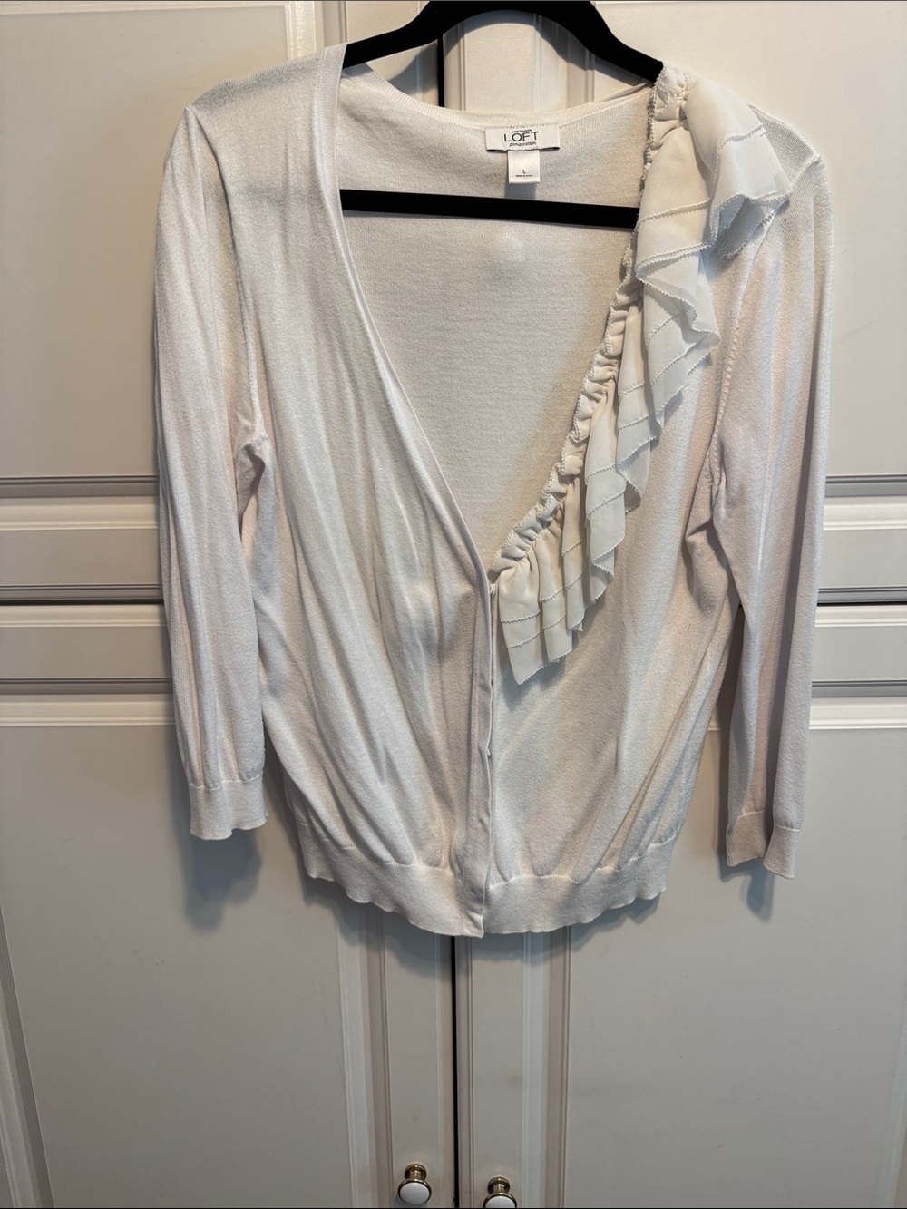 LOFT White Ruffle-Trim Cardigan